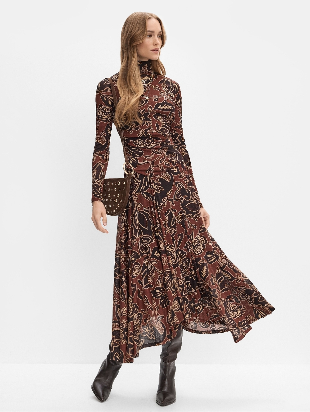 Women's Brown Mixed Floral Long-Sleeve Maxi Dress